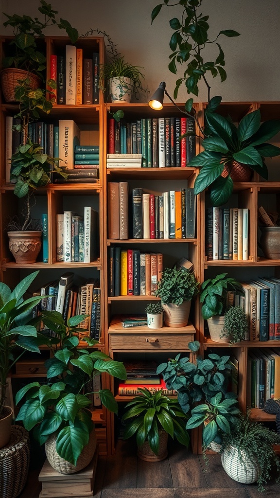 Rustic wooden crate book storage with plants and cozy lighting