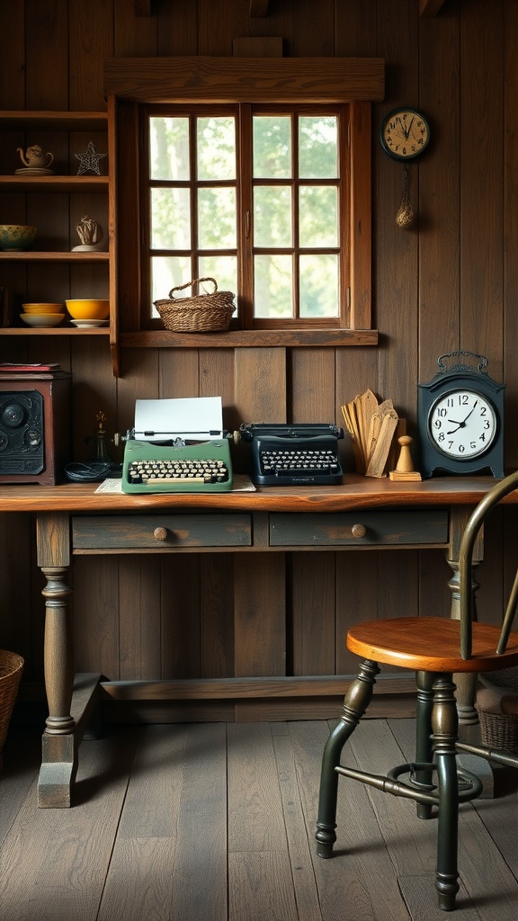 A rustic wooden desk with vintage typewriters and decor in a cozy home office.