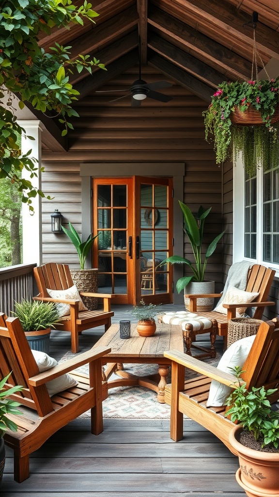 A cozy back porch with rustic wooden furniture, surrounded by greenery and plants.