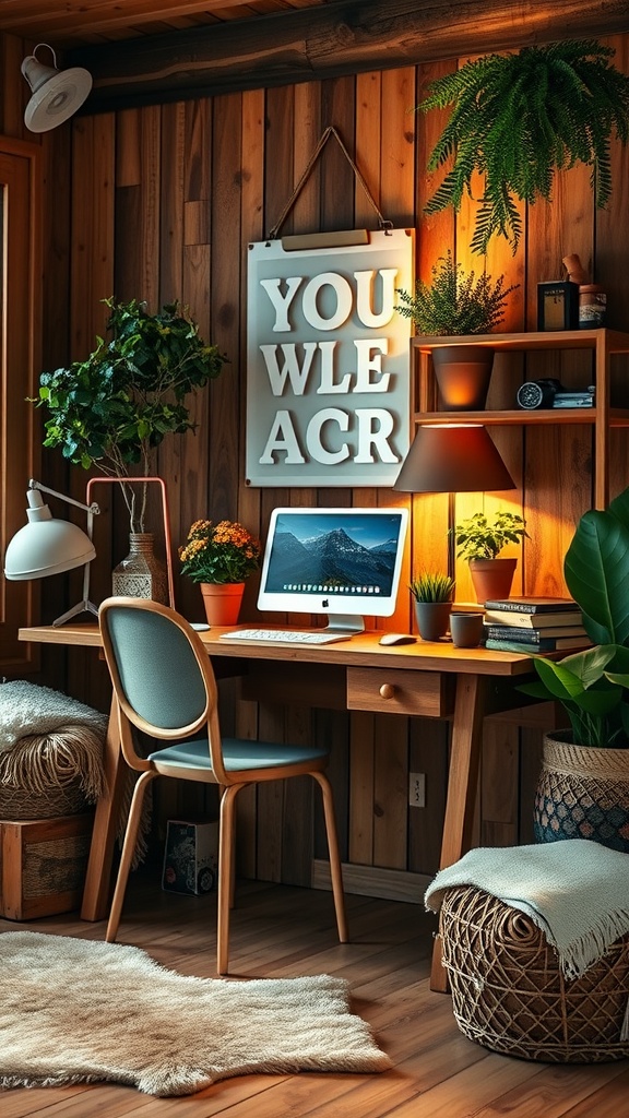 Cozy rustic home office with wooden walls, plants, and a stylish desk setup