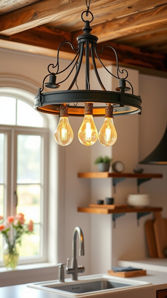A rustic chandelier with black frame and Edison bulbs above a kitchen sink.