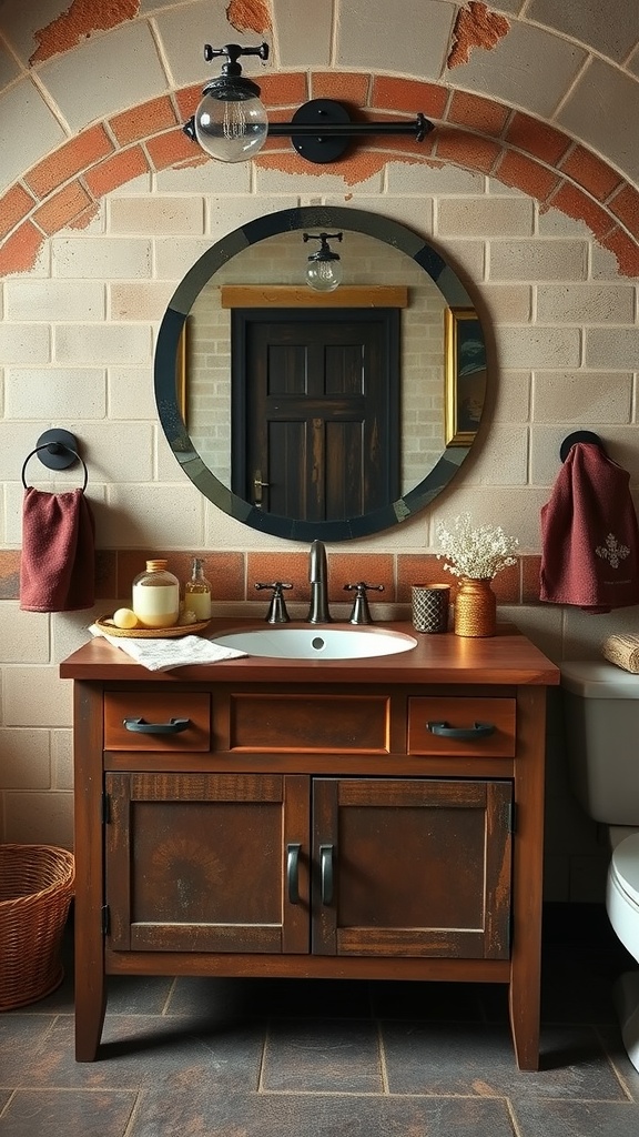 Rusty copper bathroom vanity with a rounded mirror and rustic decor