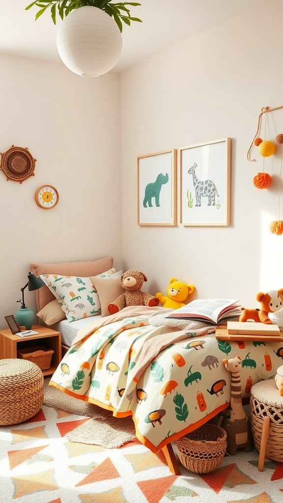 A cozy boho-style toddler bedroom featuring safari-themed bedding, animal prints, and cheerful stuffed toys.