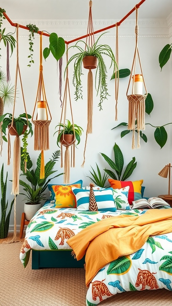 A colorful boho kids' bedroom with jungle-themed bedding, hanging plants, and vibrant pillows.