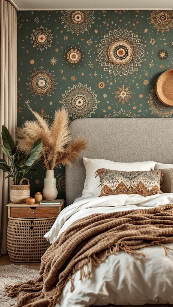 A bedroom with a sage green accent wall featuring black bohemian patterns, cozy bedding, and natural decor elements.