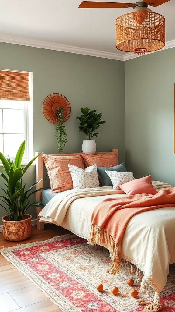 A cozy boho style bedroom featuring sage green walls and coral pink accents, with plants and a woven light fixture.