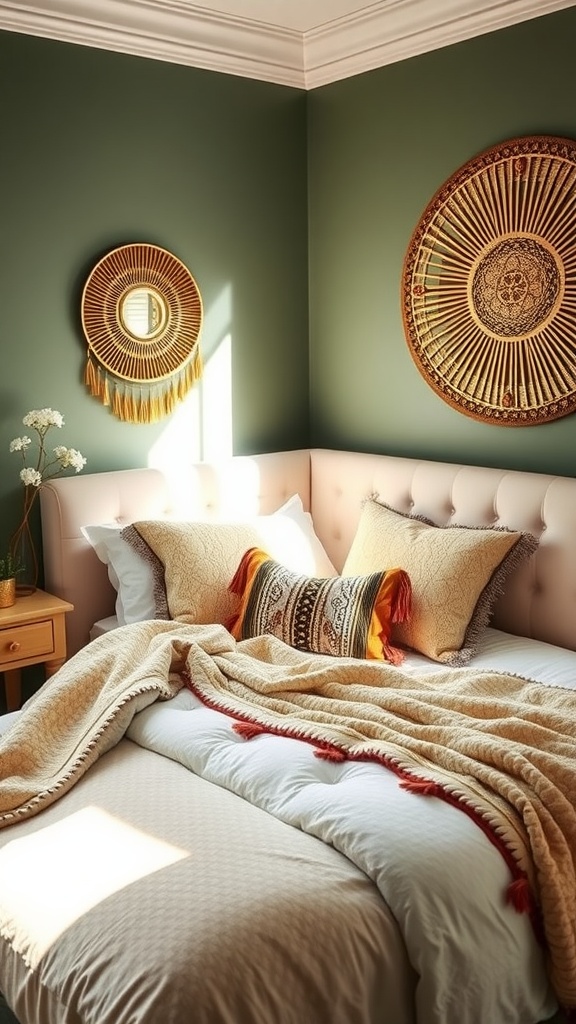 A cozy boho-style bedroom with sage green walls, gold accents, and plush bedding.