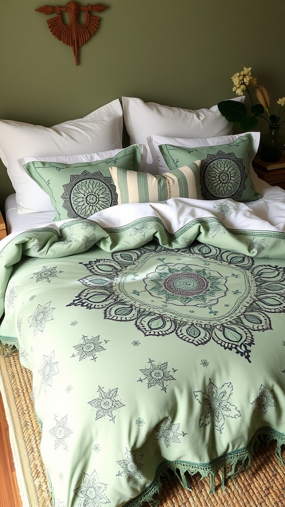 A cozy sage green duvet cover with boho patterns on a bed, complemented by decorative pillows and natural decor.