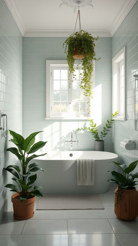 A serene bathroom featuring sage green tiles, a freestanding tub, and lush plants.