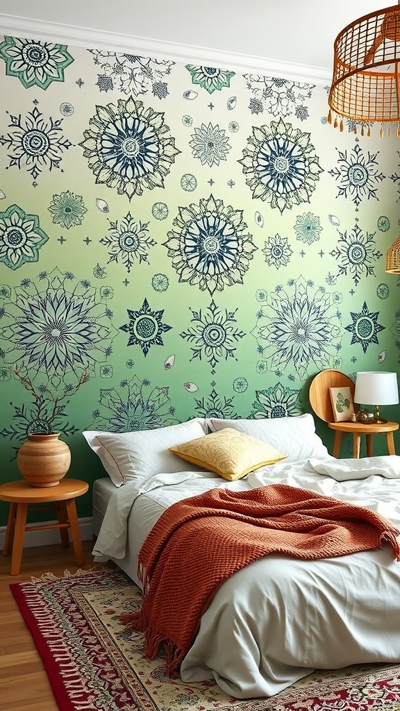 A bedroom with a sage green ombre wall featuring boho patterns, a bed with layered bedding, and wooden furniture.