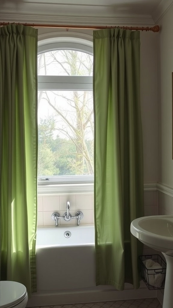 A bathroom featuring sage green curtains framing a window above a bathtub, with a sink and decorative elements.