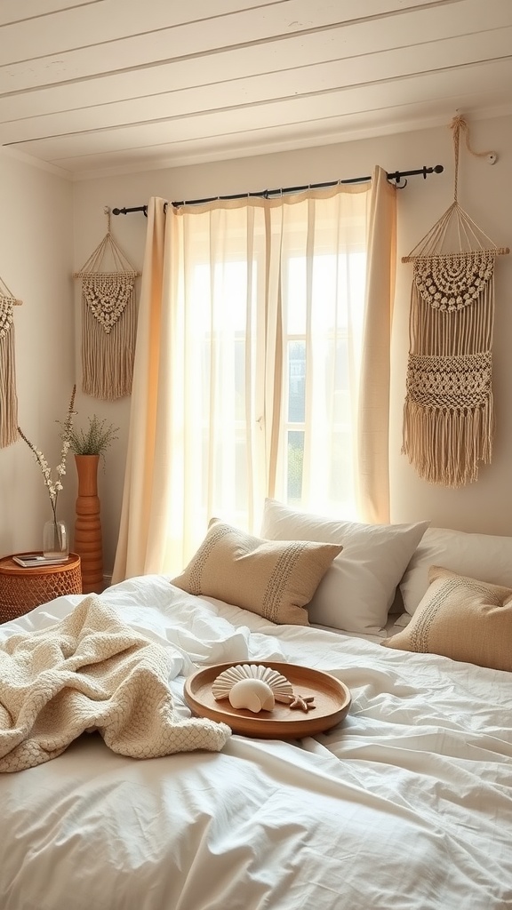 A cozy boho coastal bedroom featuring soft bedding, macramé wall decor, and beach-themed decorations.