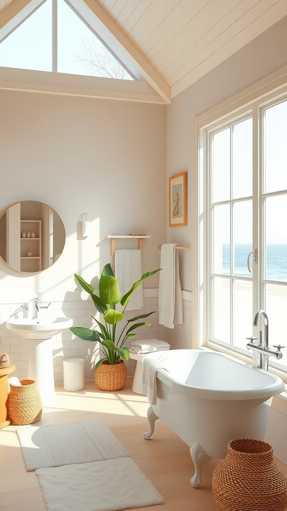 A beautifully designed sandy beach house bathroom featuring a freestanding bathtub, large windows with ocean view, and lush plants.