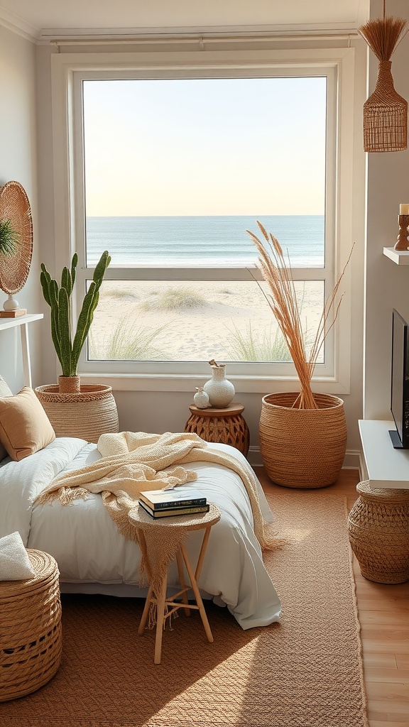 A cozy boho coastal bedroom with a large window overlooking the beach, featuring natural decor elements like baskets and plants.