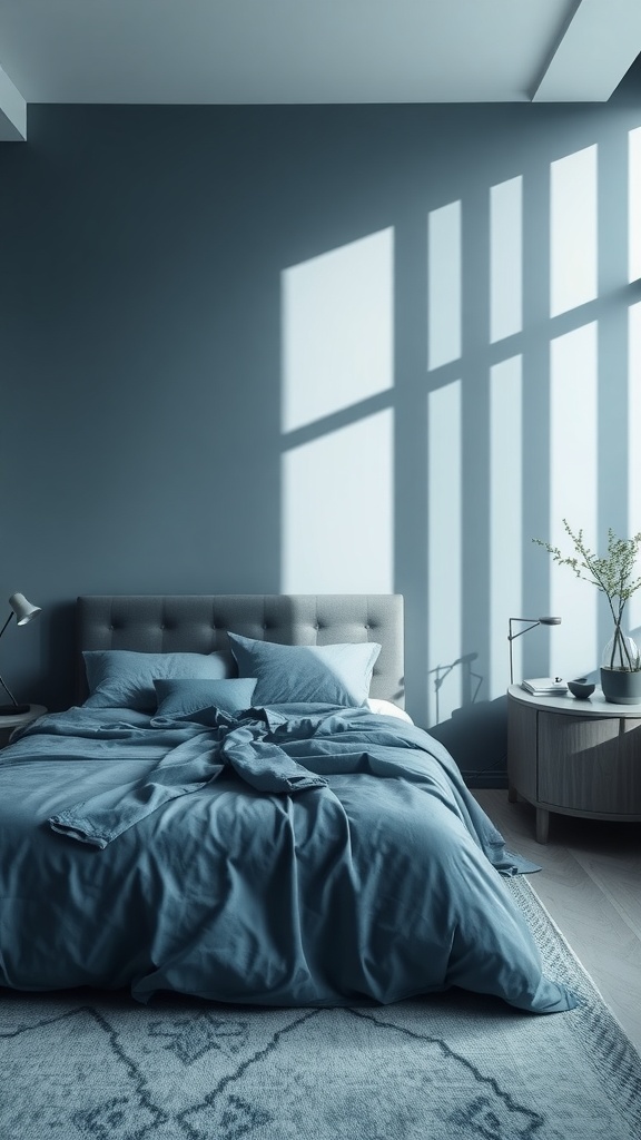 A dark and moody bedroom featuring sapphire-colored walls, a plush bed with blue bedding, and soft lighting.