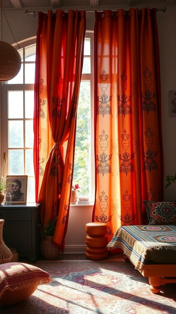 Bright orange sari fabric curtains hanging in a boho themed bedroom with intricate patterns