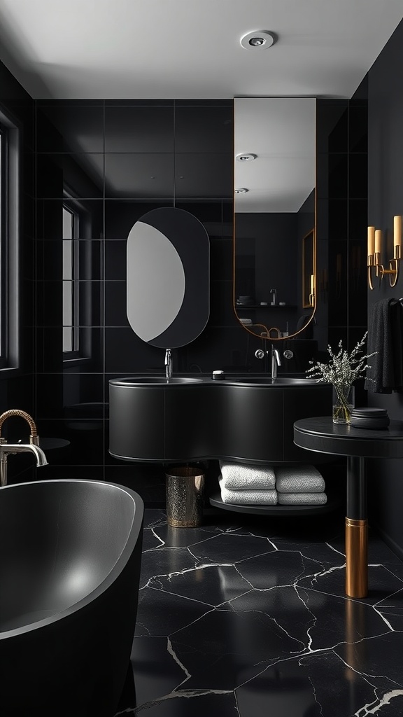 A modern bathroom featuring satin black tiles, a curved sink, and gold accents.