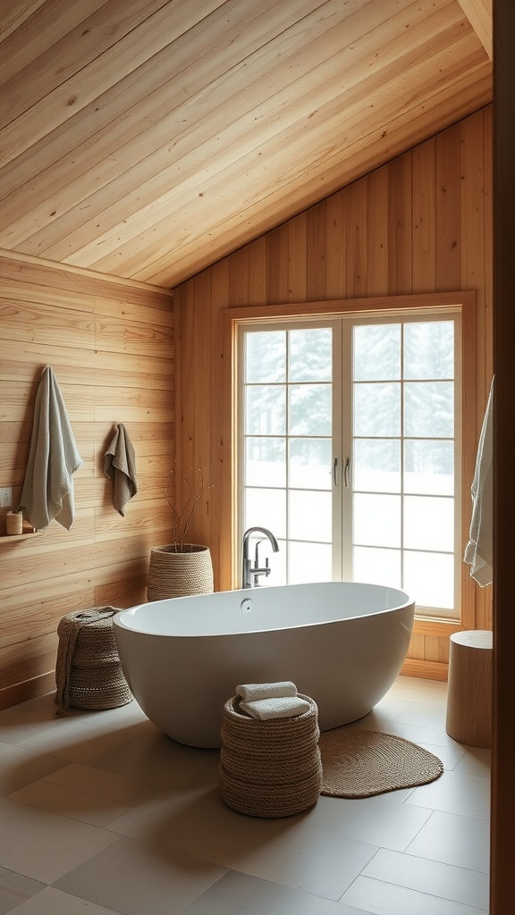 A serene bathroom with wooden walls, a freestanding tub, and natural light.
