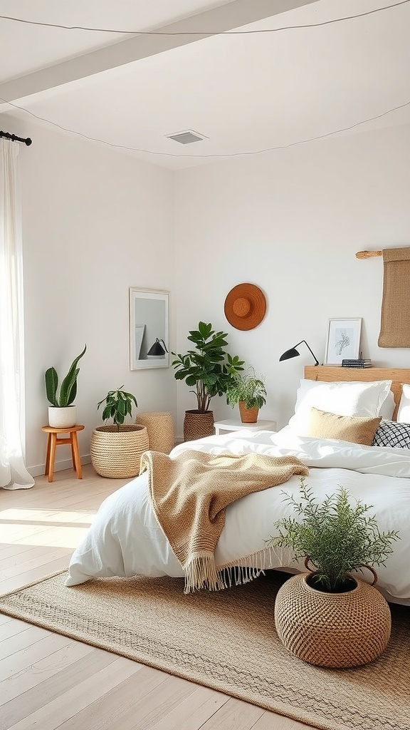 A bright and airy Scandi Boho bedroom featuring a white bed with neutral linens, woven textures, and potted plants.