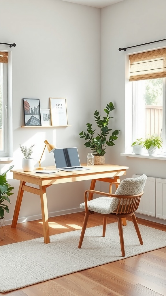 Bright Scandinavian-inspired home office with wooden desk, chair, and plants.