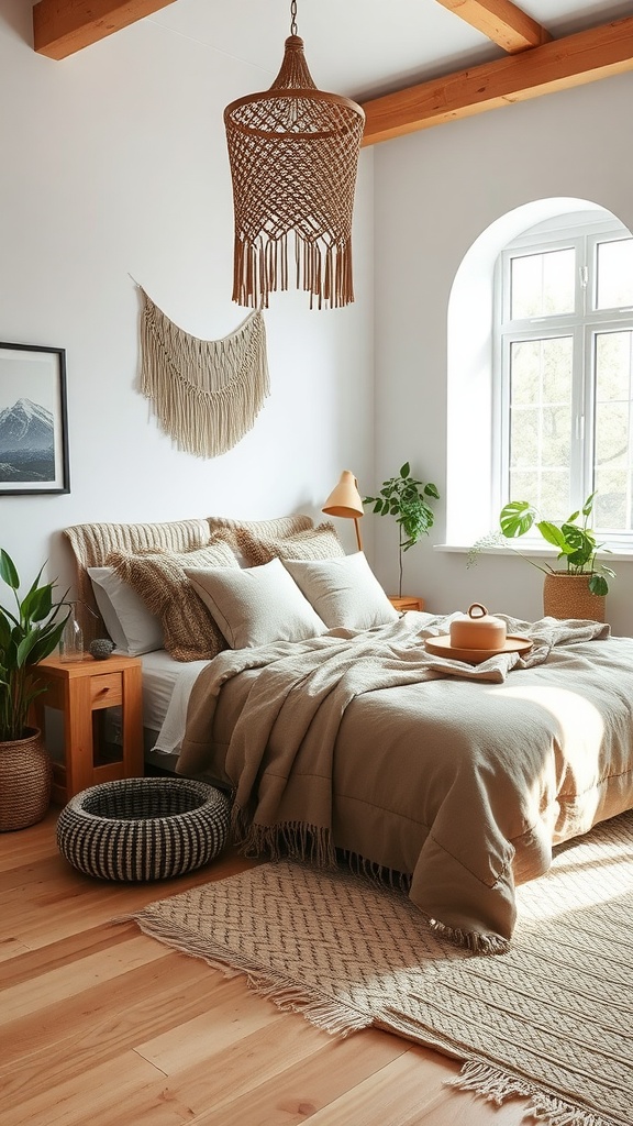 A cozy bedroom featuring a Scandinavian Boho blend with neutral colors, natural materials, and decorative plants.