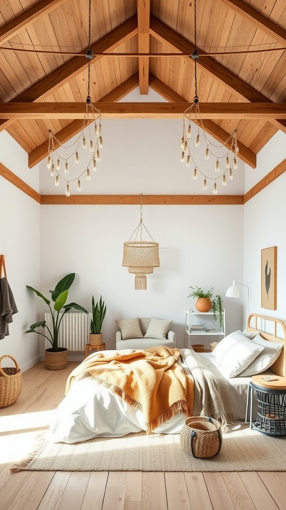 A Scandinavian-inspired boho bedroom featuring high ceilings, wooden beams, a cozy bed with an orange throw, plants, and minimalist furniture.