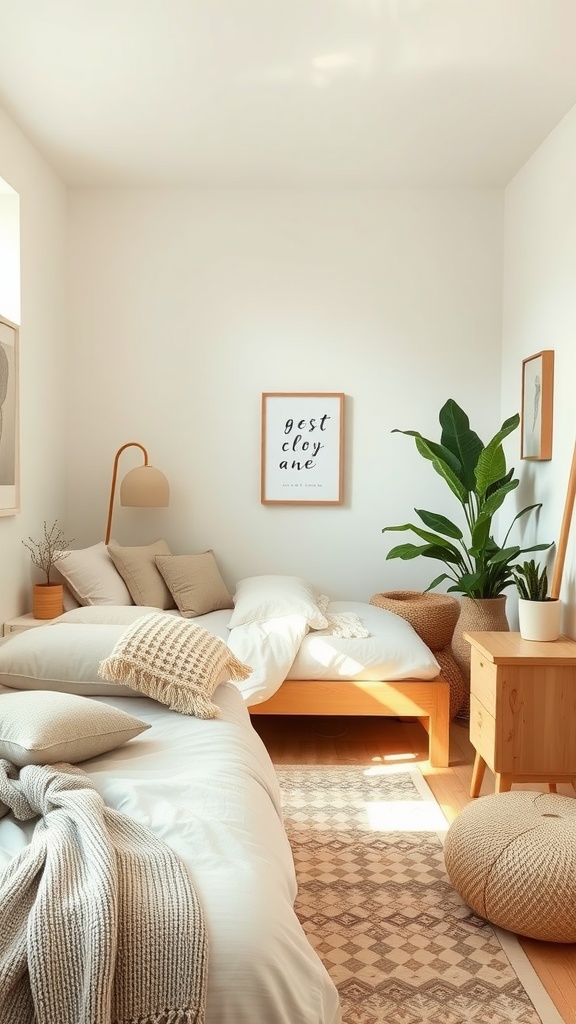 A cozy small bedroom featuring two beds with layered bedding, a decorative lamp, and a green plant, reflecting Scandinavian Boho style.