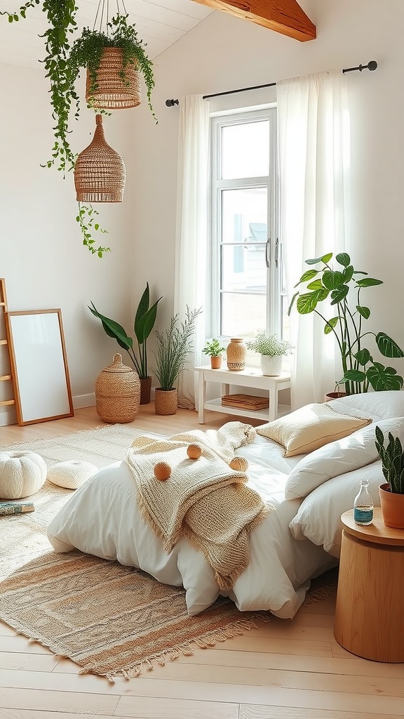 A cozy Scandinavian boho bedroom featuring neutral tones, plants, and natural textures.