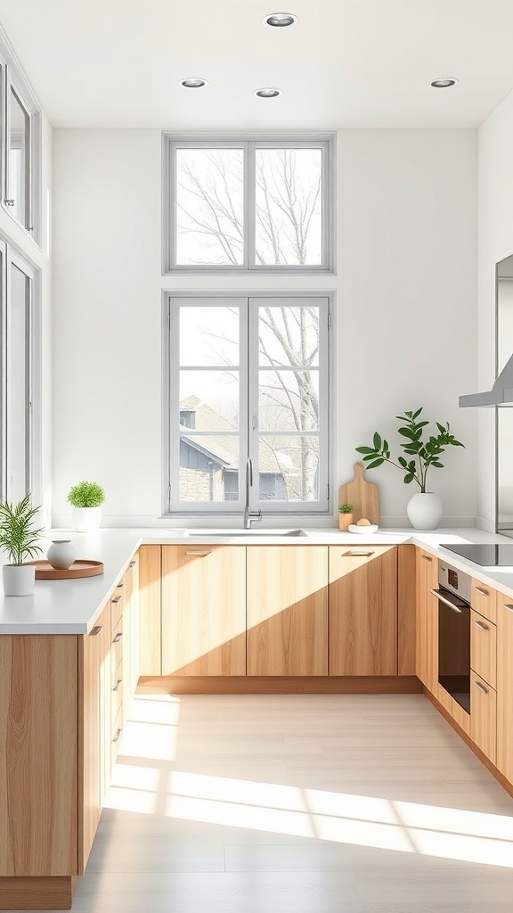 A Scandinavian minimalist kitchen featuring light wood cabinetry, white countertops, and large windows allowing natural light.