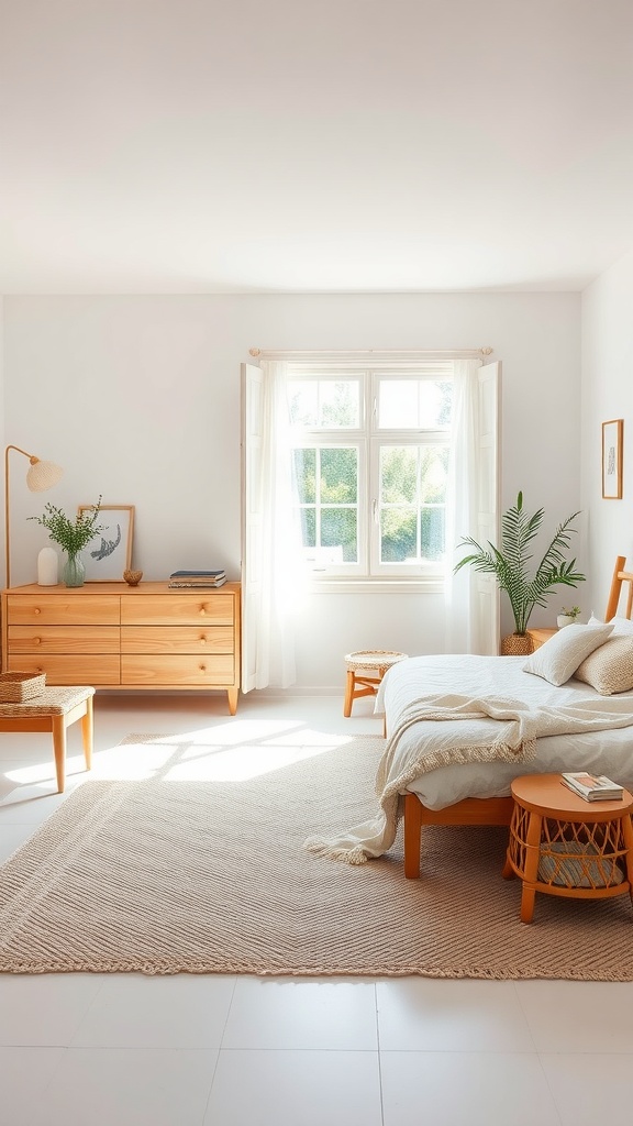 A bright Scandinavian-style bedroom featuring light wood furniture and a neutral Boho style bedroom rug