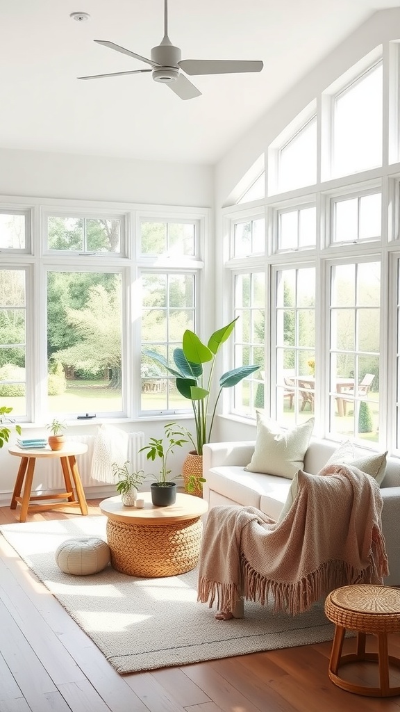 A bright and airy sunroom with large windows, featuring a cozy sofa, light wooden flooring, and plants.