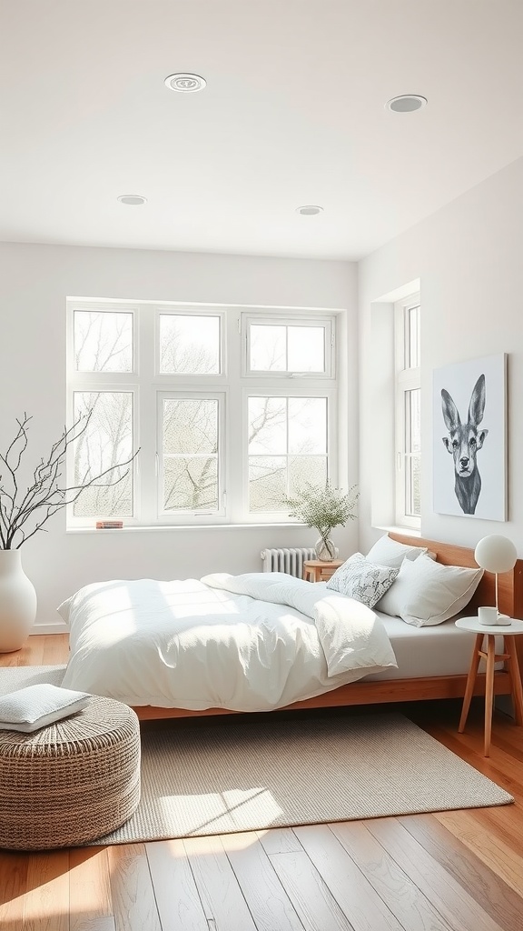 A minimalist Scandinavian style bedroom with large windows, natural light, and a wooden bed.