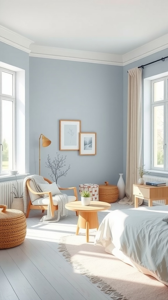 A bright, light blue boho bedroom with natural wood furniture and cozy decor.