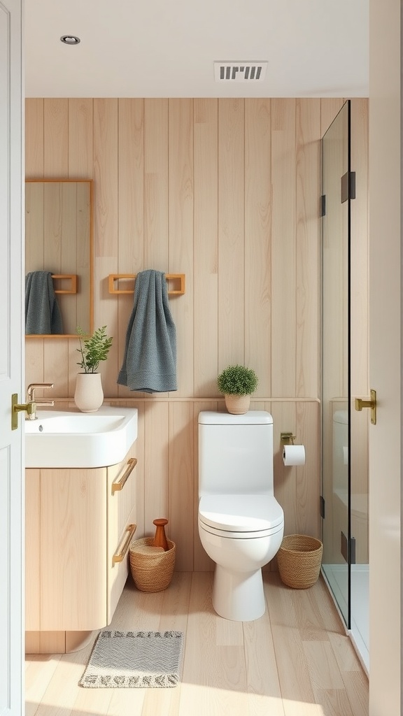 Aesthetic bathroom design featuring Scandinavian simplicity with light wood tones, sleek fixtures, and minimal decor.