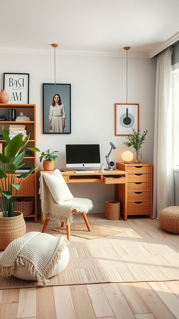 A Scandinavian style home office with wooden furniture, soft textures, and plants.