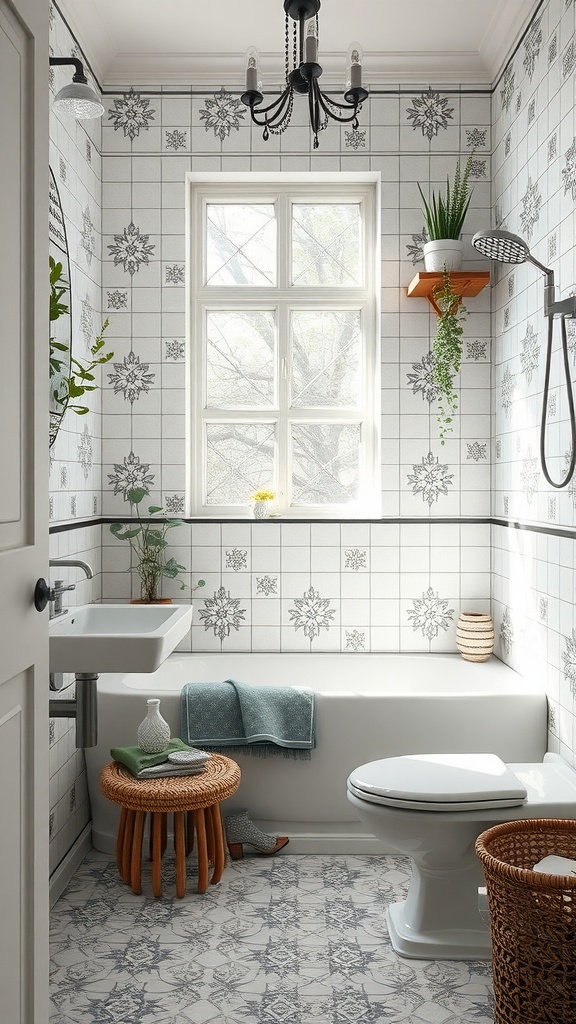 A stylish Scandinavian bathroom featuring patterned tiles, natural light, and wooden accents.