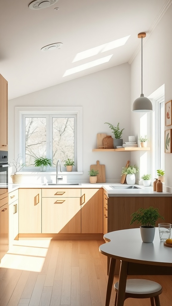A Scandinavian-inspired U-shaped kitchen featuring light wood cabinetry and bright natural light.