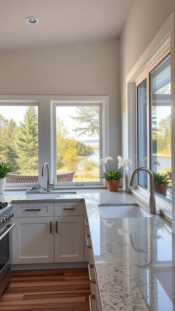 A modern kitchen with large windows showcasing scenic outdoor views of greenery and water.