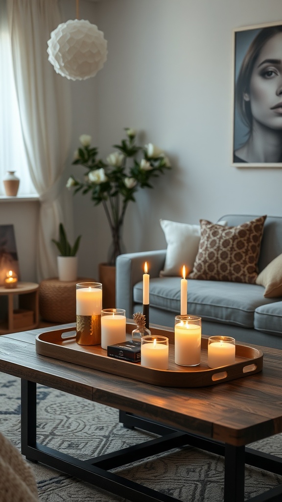 A cozy living room with a tray of scented candles emitting a warm glow.
