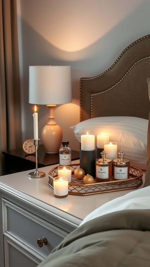 Cozy nightstand with various scented candles and decorative items.