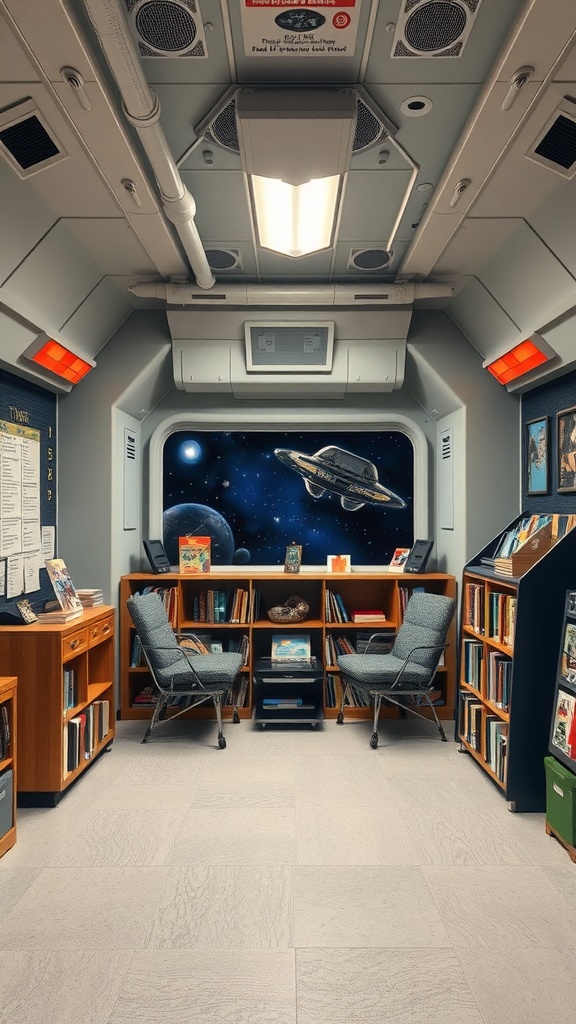 Cozy classroom reading corner designed like a space station, featuring comfortable chairs and bookshelves with a space-themed backdrop.