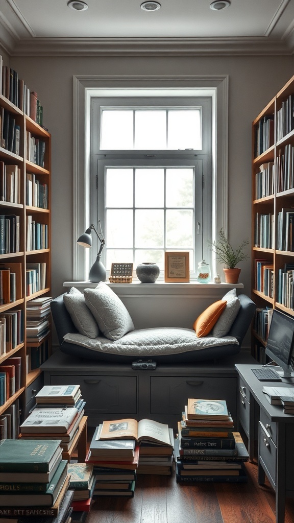 Cozy scientific library with a window seat, bookshelves, and a study area.