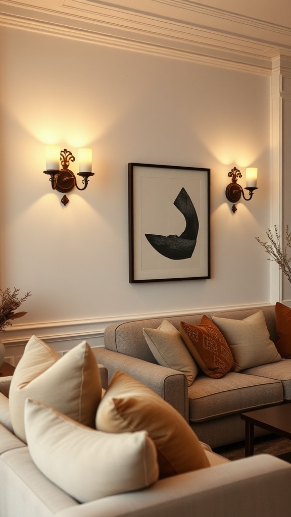 A cozy living room featuring wall sconces beside a piece of artwork, creating warm lighting.