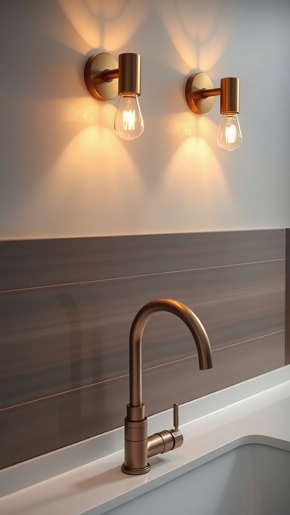 Two brass sconces illuminating a kitchen sink area.