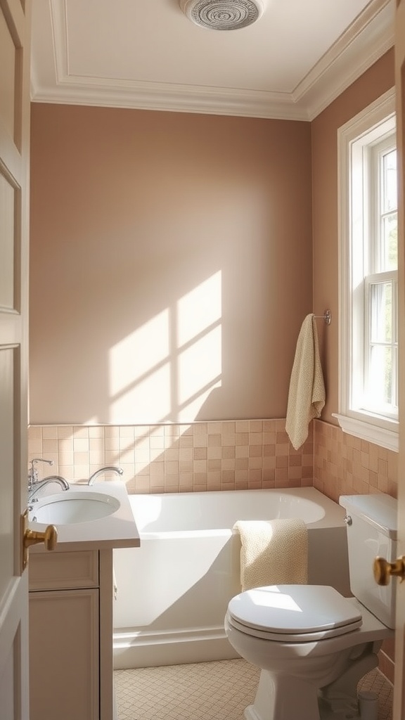 A bathroom painted in Sculptor Clay by Behr, featuring warm walls, a white bathtub, and natural light.