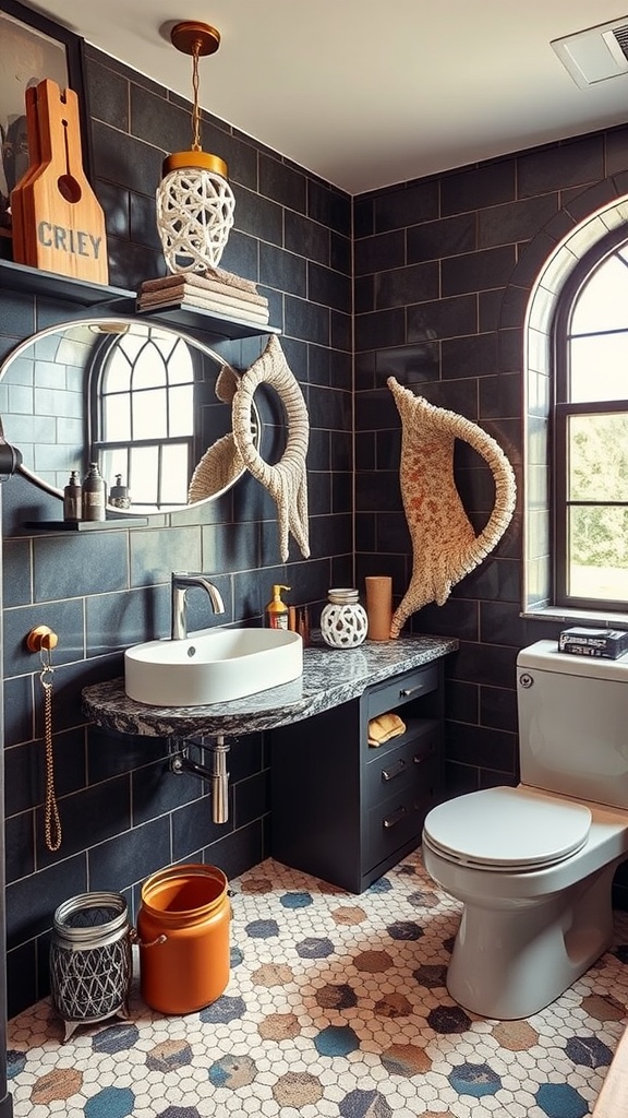 A stylish bathroom with sculptural accessories and vibrant decor reflecting 70s style.