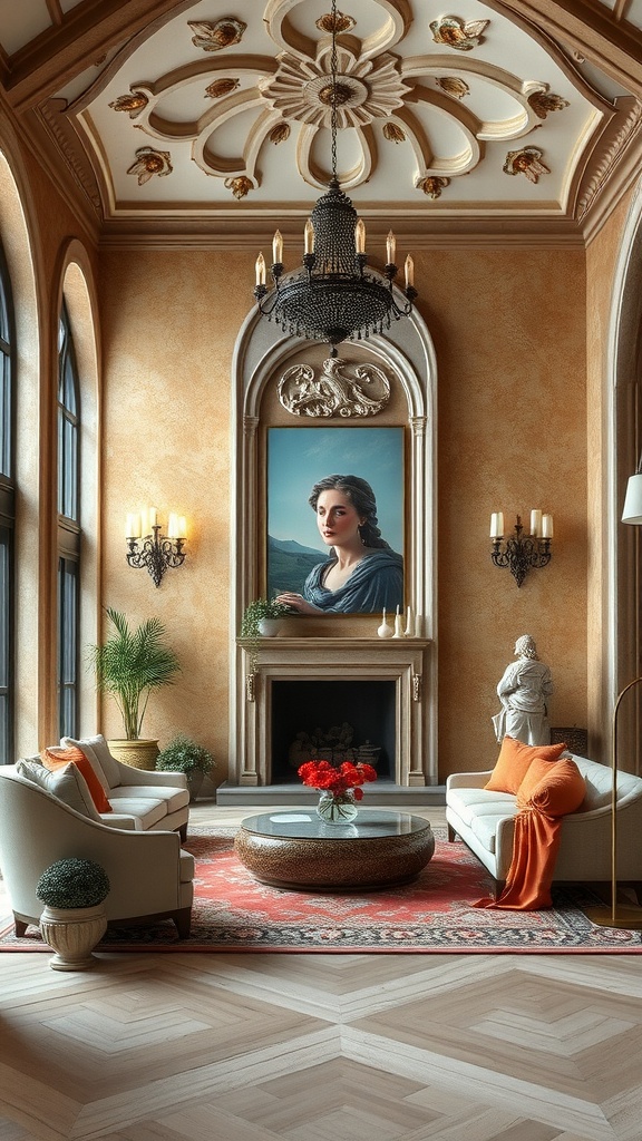 A living room with Mediterranean and Gothic design elements, featuring a detailed ceiling, elegant fireplace, and plush seating.