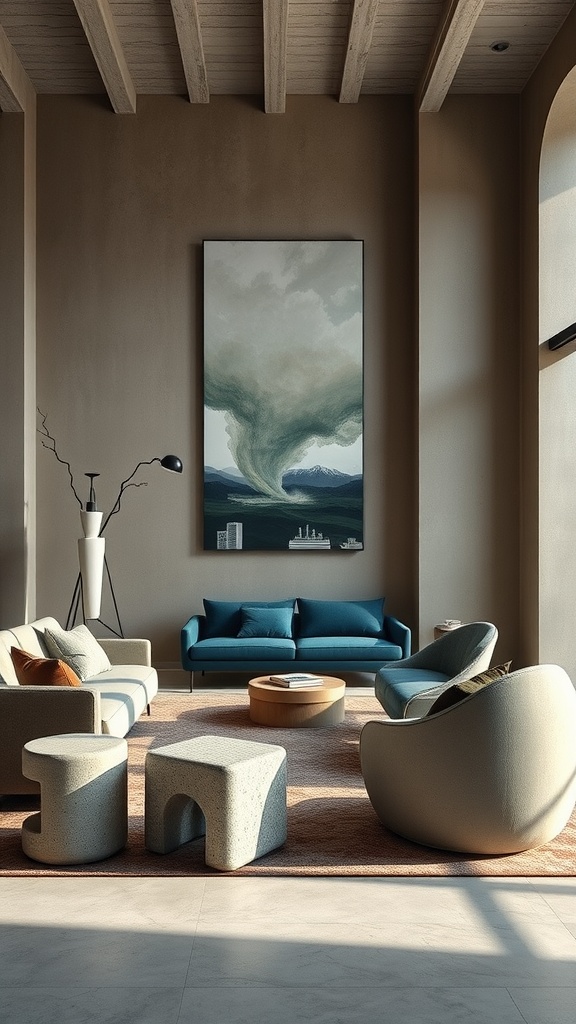 A modern living room featuring sculptural furniture, concrete tables, and velvet sofas, with artwork on the wall.