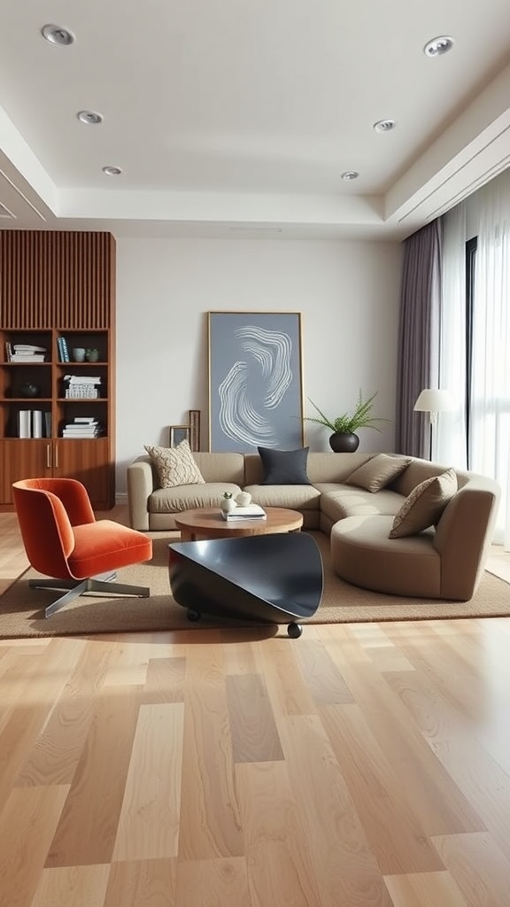 A modern living room featuring sculptural furniture, including a round sectional sofa, an orange chair, and a unique coffee table.