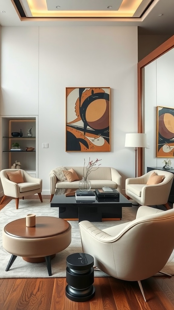 Living room featuring sculptural furniture pieces blending Art Deco and contemporary styles.